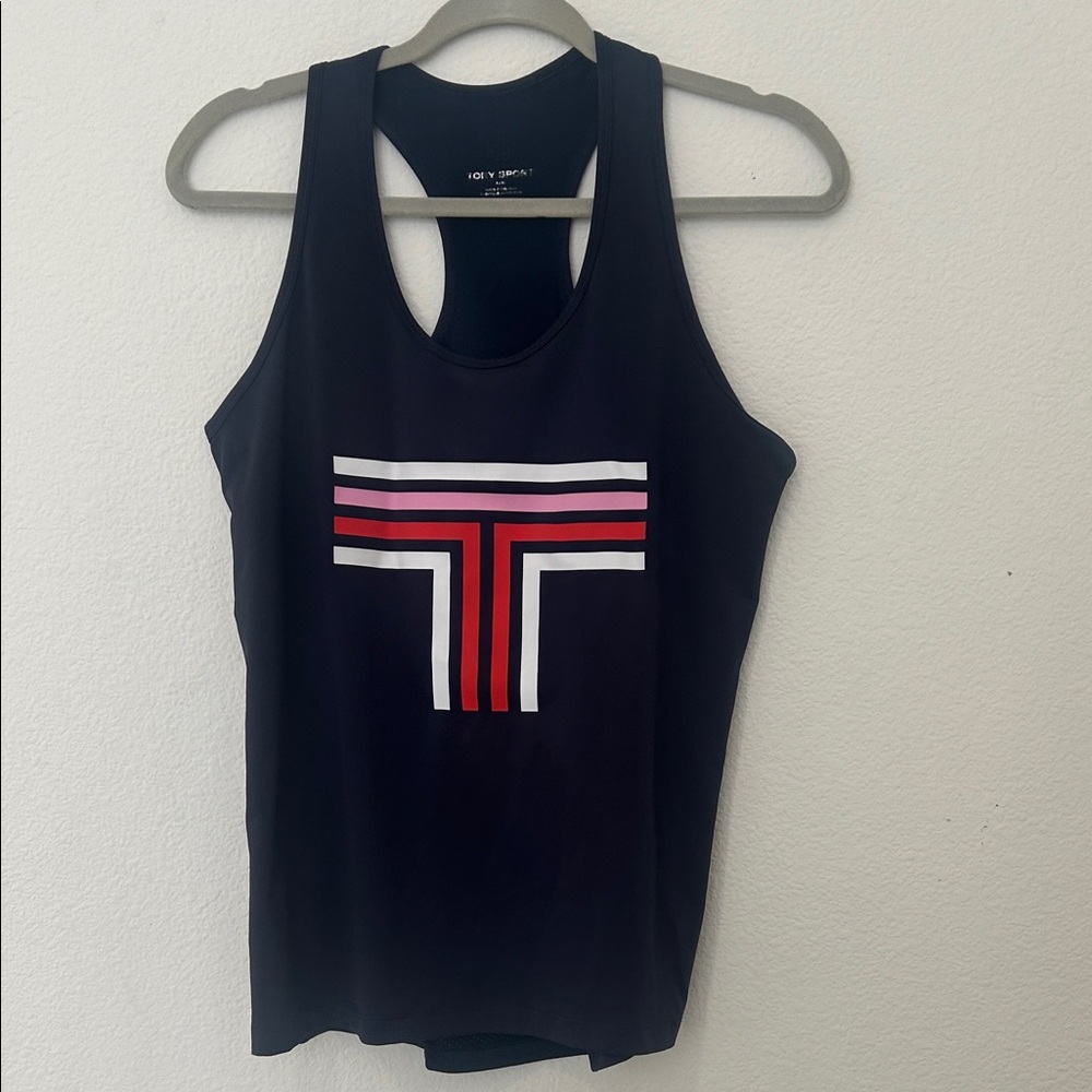 Tory Burch Navy Blue Racerback Tank with Red, Pink & White Logo Stripes